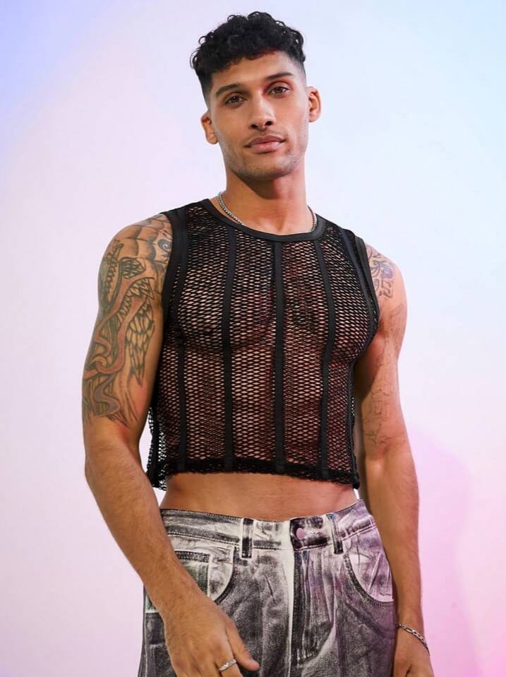 Bonga Boys men's sexy see-through hollow out cropped tank top